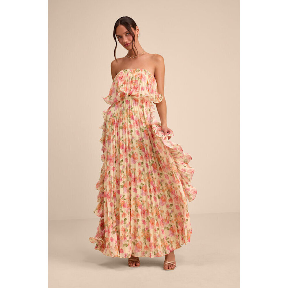 Lulu's Strapless Floral Maxi Dress in Blush Pink and Peach Wedding Guest Dress